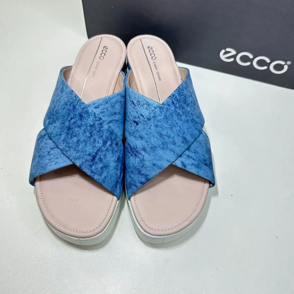 Ecco Touch Plateau Slide Leather Slip On Sandals Blue Women EU41/10-10.5 NWB
